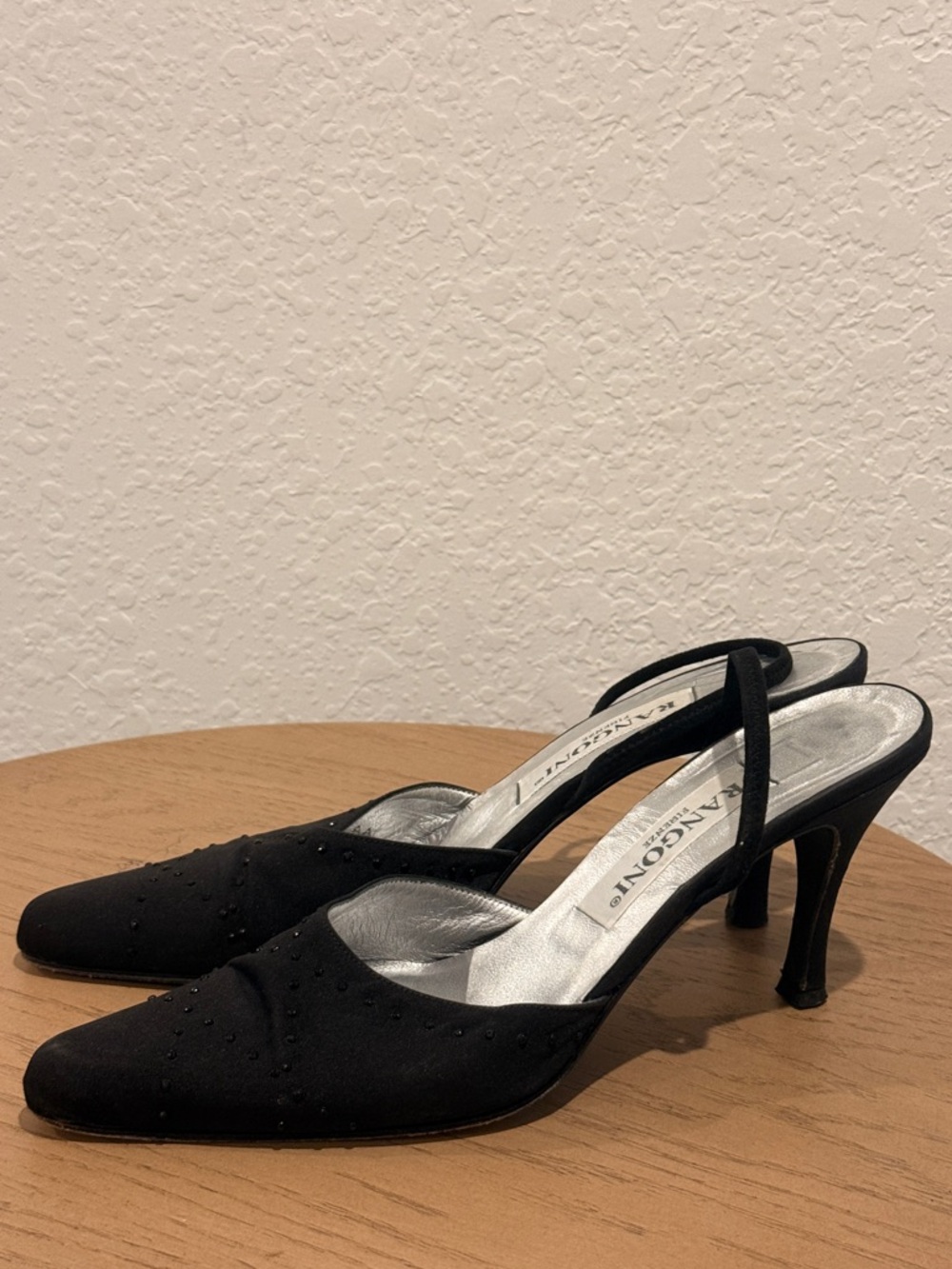 Rangoni Vintage Black Slingback Pointed Toe Heels with Stud Accents
